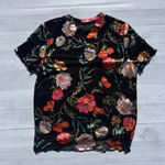 New & Next Metallic Floral Print Black Mesh Ruffle Sleeve Top Size L Pink Size L Photo 3