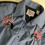 ELY Country Charmers Western Shirt USA Flag Horses Black Snaps Vintage 70’s Blue Size L Photo 8