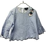 Sweet Wanderer Blue  Pinstripe Ruffle Sleeve Top with Floral EmbroideryMedium Photo 1