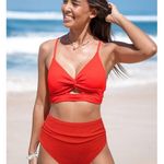 Cupshe NWT  Sz S Textured Twisted V Neck Bikini Top & High Rise Bottoms Swim Set Photo 3