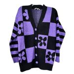 ZARA Purple Black Checkered Flower Jacquard Knit Oversized Cardigan Sweater S Photo 3