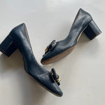 Louise et Cie Women’s Lilla Leather Bow Heels Navy Blue Gold Size 7M Slip On Photo 0