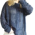 Free People  Navy Blue Open Weave Oversized Angora Blend Fisherman Sweater Small Photo 1