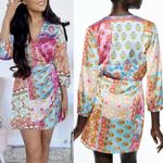 ZARA  Boho Patchwork Floral Mini Dress Size S Satin Colorful Boho Long sleeve Photo 1