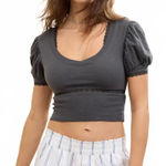 American Eagle AE Aerie Cropped Lace Trim V-Neck T-Shirt NWT Smoked Gray Small Photo 0