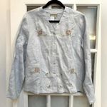 Coldwater Creek  | Light Sky Blue Linen Button Down Floral Embroidered Blouse M Photo 0