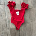 Show Me Your Mumu NWT Baker Bodysuit in Red Stretch Puff Sleeves Photo 6