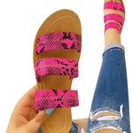 Womens Triple Strap Hot Pink and Black faux leather Snakeprint sandal sz 7 Photo 1
