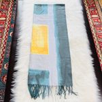 Abstract Patterned Blue and Yellow Wool Blend Pashmina Scarf Photo 1