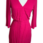 Bebe  Dress Womens 6 Raspberry Pink Chiffon Faux Wrap Midi Sheer 3/4 Sleeve Photo 0