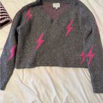 Pink Rose  V-Neck Sweater with Pink Lightning on Gray Photo 0