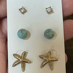 Boutique Gold Tone Turquoise and Crystal Starfish Stud Earring Trio Set Photo 0