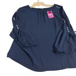 Zac and Rachel  Woman Petite Size PM Navy Blue Pearl Embellished Long Sleeve Blouse Photo 0