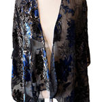 Sheer Floral Kimono Blue Black Burnout Shawl Whimsey Goth Open Front Evening Size L Photo 0
