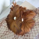 Boutique Brown Feather with Pearls and Face Netting Hair Clip / Brooch Pin Photo 1