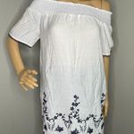 E & M Blue and White Off Shoulder Blouse Embroidered Detail on Bottom Hem Size M Photo 0