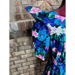 party dress floral drop waist puff sleeve swing skirt pink teal blue 1980s Size 12 Photo 5