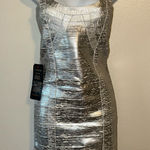 Bebe  Metallic Silver Curve Neck Foiled Dress – Size Small Photo 0