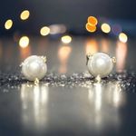 Gold Tone Faux Pearl Stud Earrings Rhinestones on Prongs Pierced 1/4" Photo 0