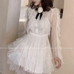 White Lace Layered Tiered Black Ribbon Bow Balletcore Babydoll Mini Dress Size XS Photo 5