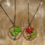 Vintage Green Calla Lilly & Red Rose Flower Gold Tone Necklaces Photo 3