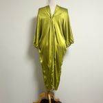 ZARA Green Satin 3/4 Dolman Sleeve Tapered Back Tie V Line High Neck Dress NWT Photo 8