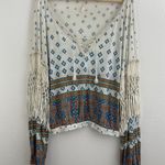 Free People White Blue Macra Maze Me Printed Fringe Bohemian Pleasant Blouse Photo 3