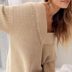Aerie Sweater Chunky Deep V Neck Oversized 100% Cotton Beige M NWT Photo 2