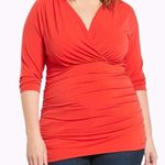 Torrid Red Ruched Faux Wrap Blouse Black Lace Inset Surplice Shirred 1X Photo 0