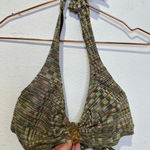 AERIN ROSE Green Multicolored Halter Tie Neck Gold Accent Swimsuit Top size 32D Size M Photo 0