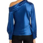 AQUA NWT Draped Satin Single Shoulder Blouse Women's S Sapphire Asymmetric Side Photo 2
