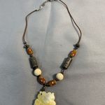 White seashell carved flower necklace on beaded leather cord 15” 3” ext Brown Photo 4