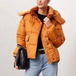 NVLT Jacket Womens Small Orange Wonder Puffer Coat Hooded High Neck Full Zip Photo 1