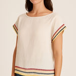 C&C California  100% Linen Top | Boho Striped Trim Button-Back Blouse | Size M Photo 0