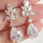 Cubic Zirconia Crystal Bling Drop Pierced Earrings Gold Setting Photo 0