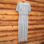 Mac Duggal  5980 Blue High Neck Short Sleeve Crystal Fringe Column Dress Photo 6