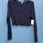 BP Women Navy Blue Long Sleeve Scoop Henley Neck Rib Knit Crop Top Large NWT Photo 2