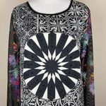 Desigual Top Womens Large Black Multicolor Floral Long Sheer Mesh Sleeve Y2K L Photo 3