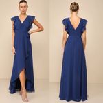 Lulus NWT  Ravishing Charm Dark Blue Ruffled Wrap High-Low Maxi Dress Wedding M Photo 1