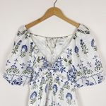 Saylor  Gracey Folk Floral Print Mini Dress Linen Puff Sleeve White Blue Photo 5