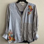 Mystree  Blue Striped Floral Embroidered Button Down Shirt M Photo 2