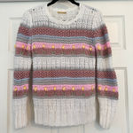 Handmade Knit White Pink Striped Crew Neck Sweater S Flowers Photo 0