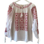 Savana White Red Embroidered Ethnic Festival Long Sleeves Top SZ M #2490 White Photo 0
