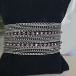 Silver Tone Multi Chain Lavender Dyed Baroque Pearls Enameled Stretch Bracelet Purple Photo 3