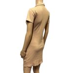 Lyaner Tan Ruched Bodycon Ribbed V Neck Button Front Short Sleeve Mini Dress M Size M Photo 4
