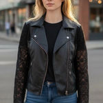 Guess  Faux Leather Moto Jacket Lace Sleeve Floral Print Size M Photo 0