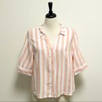 J.Crew Peach White Stripe V Neck Button Down 1/2 Sleeve Blouse XL Cotton Collar Photo 1