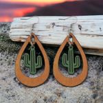 Western ethnic style cactus hollow water drop dangle wooden‎ earrings Tan Photo 2