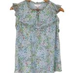 LC Lauren Conrad Blue Floral Mixed Media Shell size Medium Cap Sleeve Ruffle Photo 0