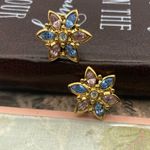 1960s Vintage Floral Crystal Earrings Gold Tone Blue Pink Holiday Retro Glam Photo 1